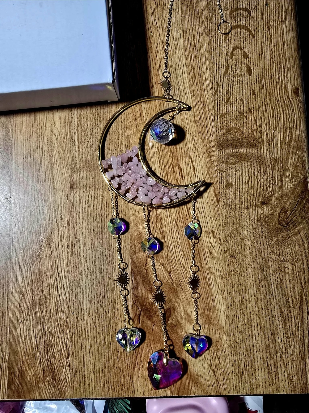 Gold Crescent Moon Pendant Sun catcher With Pink Rose Quartz & Iridescent Hearts